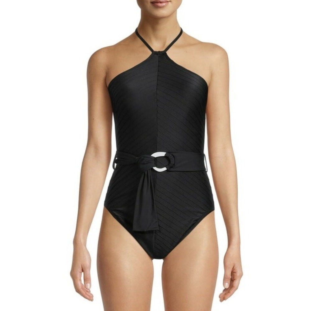 Time and Tru Black Halter Belted Textured‎ One Piece Swimsuit Size Small 4-6 NEW